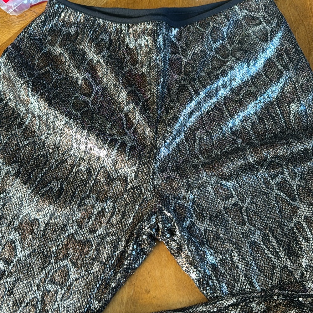 Anthropologie Metallic Snake-Print Wide Leg Pants - Black & Silver